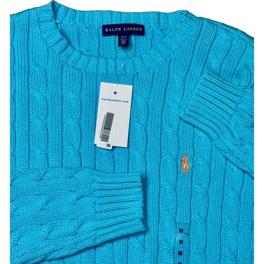 Polo Ralph Lauren Cable Knit Crewneck Sweater Womens M Turquoise Blue NWT Pony